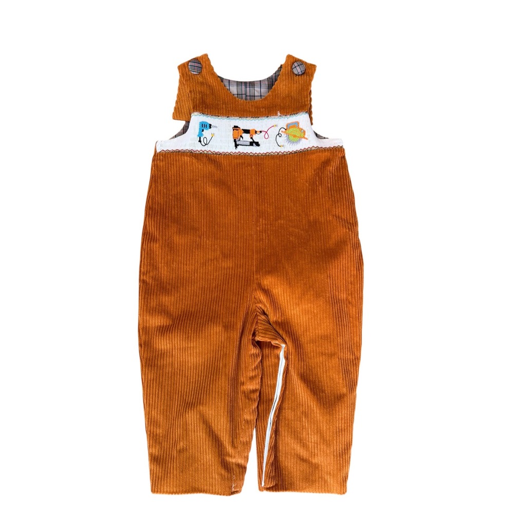 Beaux et Belles Boys Rust Corduroy Smocked Power Tools Overalls Longall Size 2